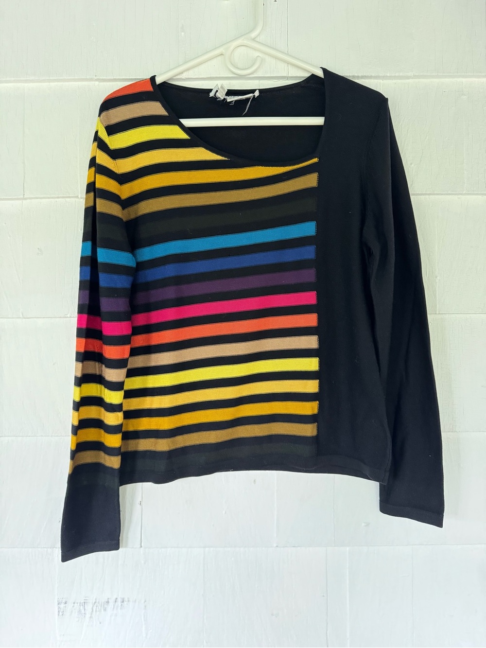 Black Long-Sleeve Women's Top with Multicolor Stripes